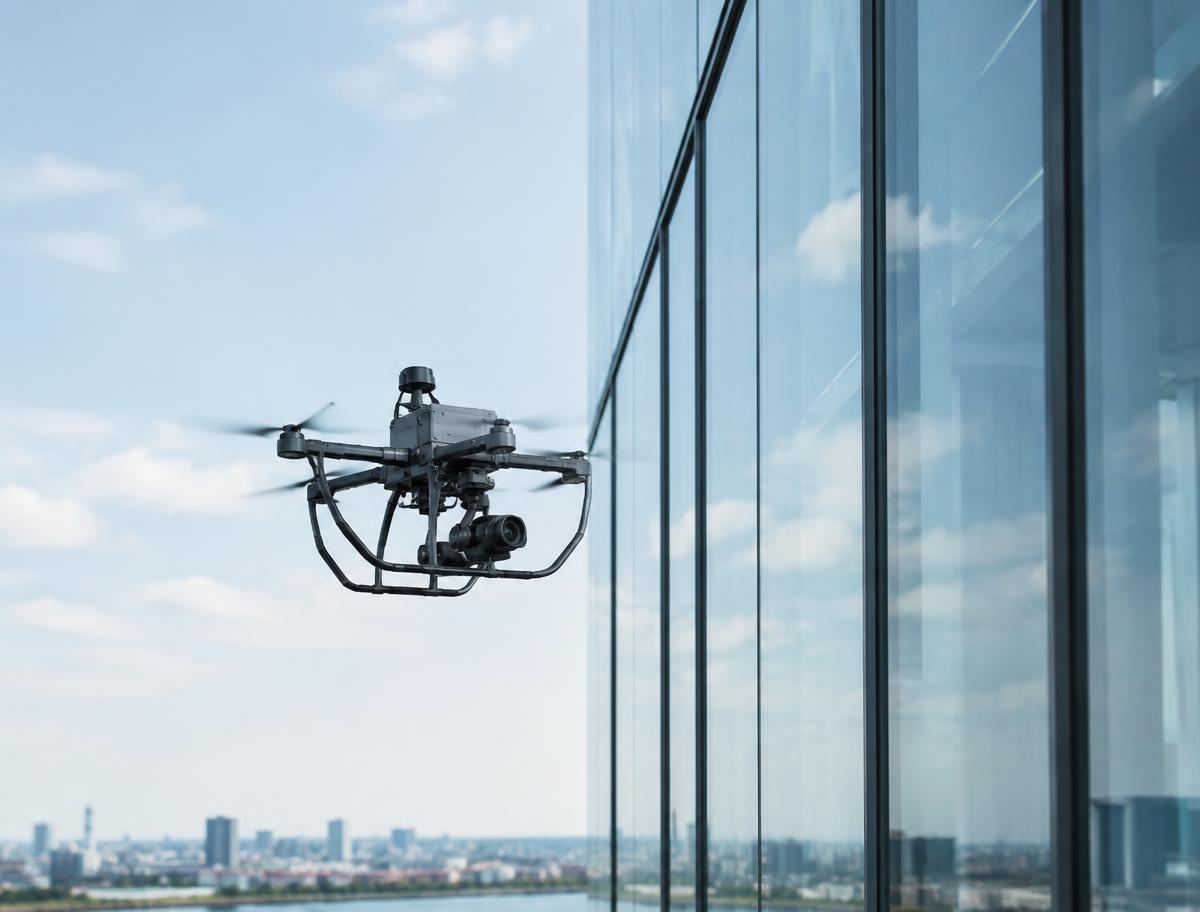 Drone industriale in volo accanto a una facciata vetrata